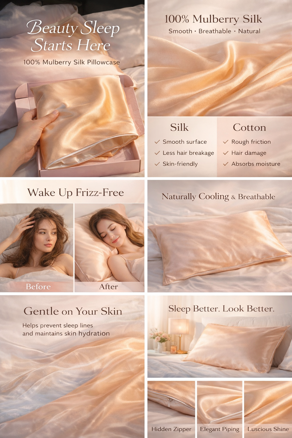 Silk Pillowcase – 100% Mulberry Silk, Smooth & Hair-Friendly (Peach Tone)
