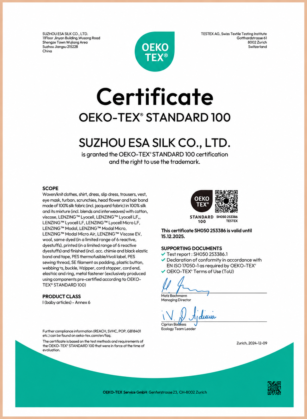 OEKO-TEX Standard 100 silk certificate
