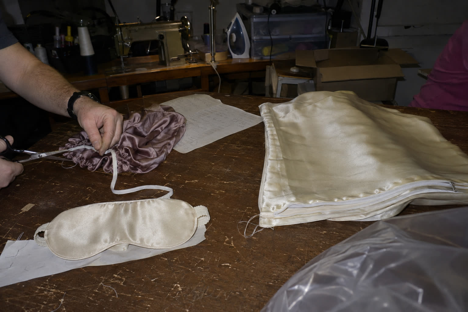 Early silk sleep mask, pillowcase and sleep cap prototypes