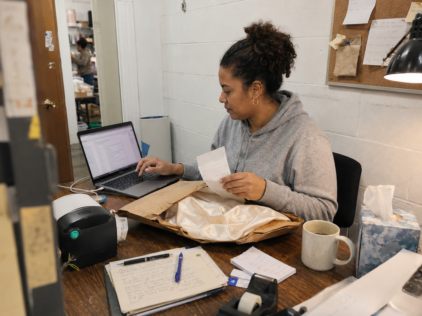 Maya reviewing customer feedback