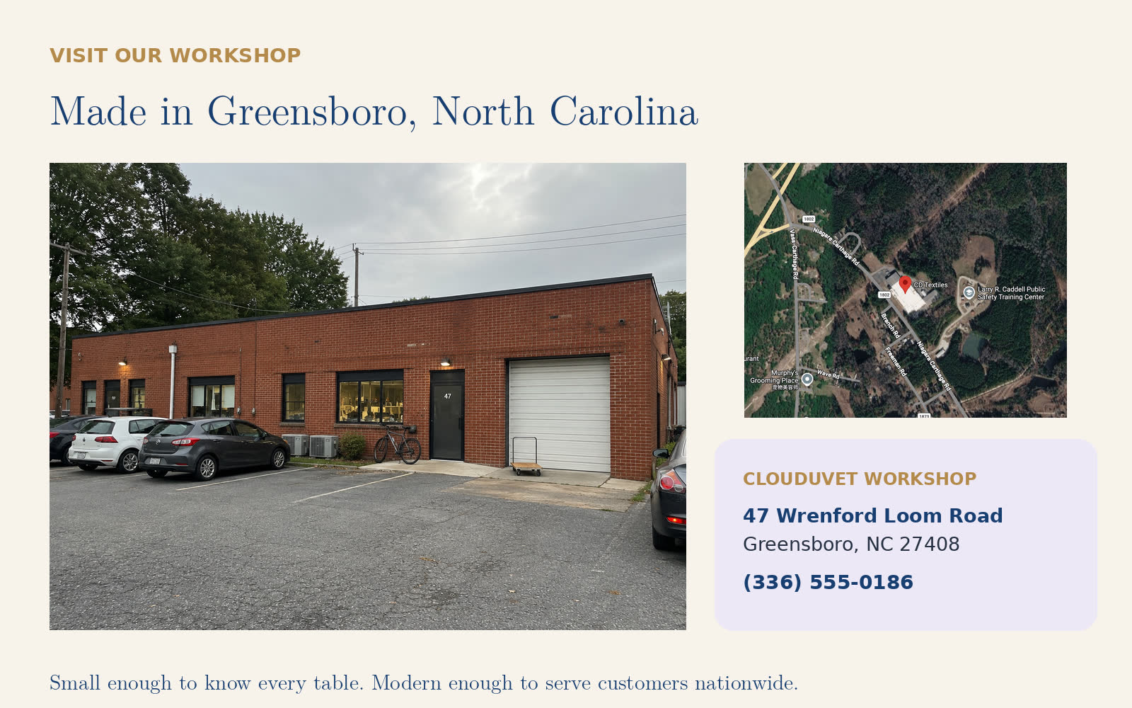 Clouduvet workshop location in Greensboro, North Carolina